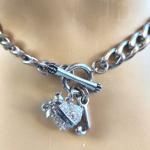 Y2k JUICY Couture Chain Bow Banner Love Heart Toggle Silver Necklace Choker 16"